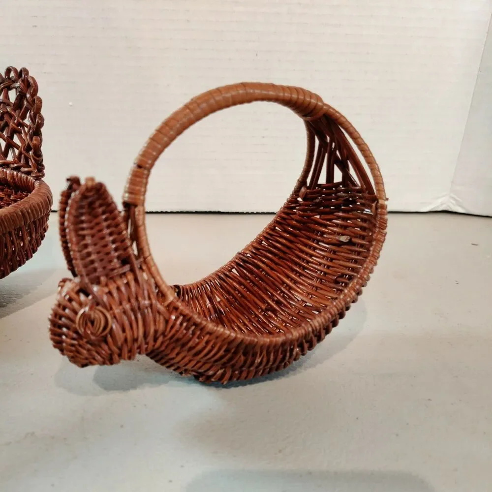 (2) VTG Rattan Wicker Woven Duck Turkey Goose Basket Wooden Beak & Small Rabbit